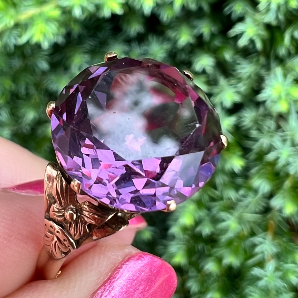 VINTAGE 14K YELLOW GOLD PURPLE COLOR CHANGE SAPPHIRE ALEXANDRITE FLOWER RING - Picture 6 of 16